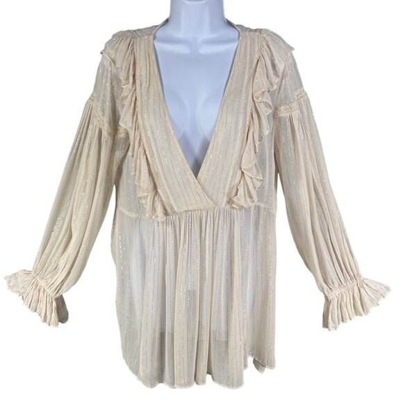 Anthropologie Maeve Wynn Metallic Striped Womens 8 Flowy Tunic Top Boho Peasant - Picture 1 of 16